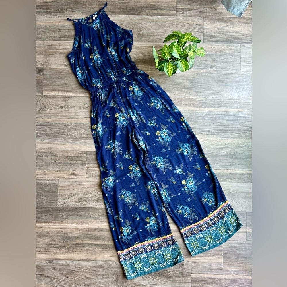 Mudd Boho-Inspired Navy‎ Floral Wide-Leg Halter Jumpsuit – Size XS